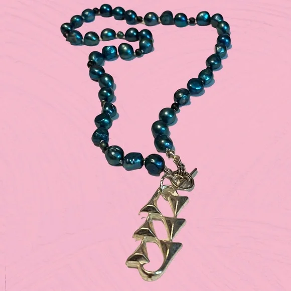 Hand Crafted Pearl Necklace Green Cultured Freshwater Black Silver Real Vintage - Picture 3 of 5